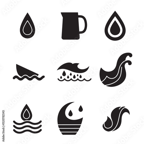 Set of stylized black and white water icons depicting rain waves and related elements