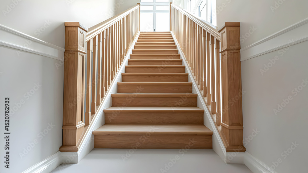 Fototapeta premium Light Brown Wooden Staircase With White Walls