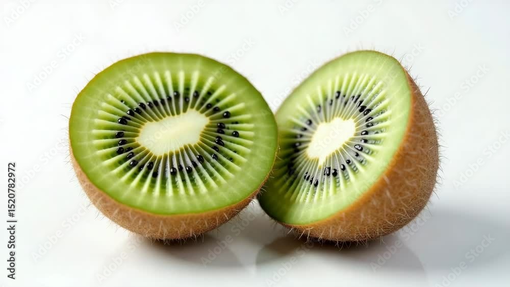 Sliced kiwi isolated on white background with bright green flesh and visible seeds. Fresh, juicy fruit image perfect for healthy food design, tropical ads, and minimal packaging visuals.