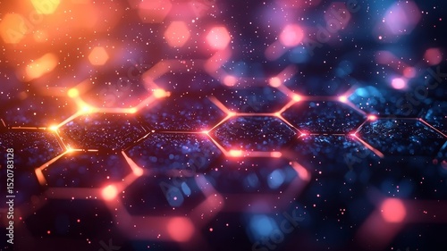 Futuristic hexagonal pattern with vibrant glowing lights, creating a dynamic digital landscape ideal for technology and innovation themes.