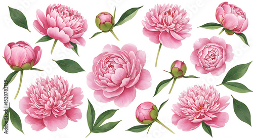 beautiful pink peony flowers with buds and leaves - floral design elements isolated on transparent background