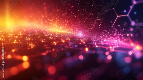 Vibrant abstract digital landscape with glowing particles and hexagonal patterns, symbolizing technology and innovation in a futuristic setting.