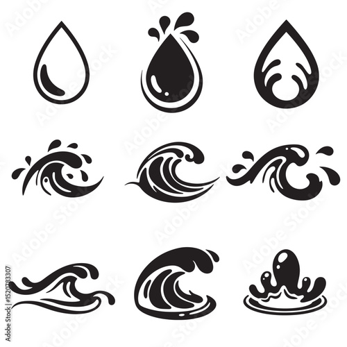 Set of stylized black and white water elements representing droplets and waves