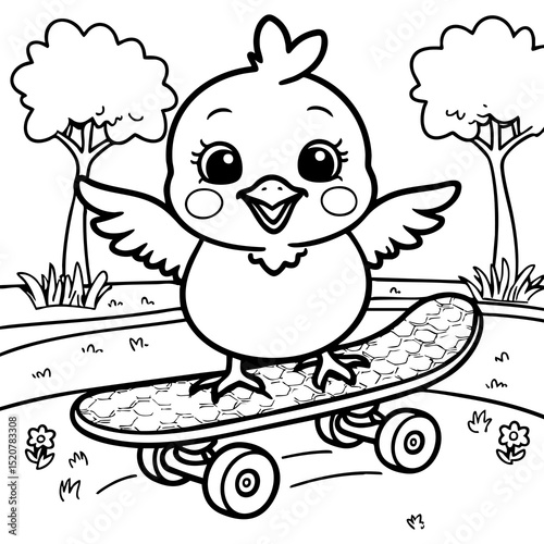 Cute Baby Chick Riding a Skateboard in a Fun Outdoor Scene