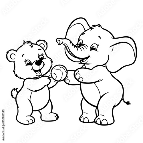Baby Bear and Elephant Playing Together with Ball