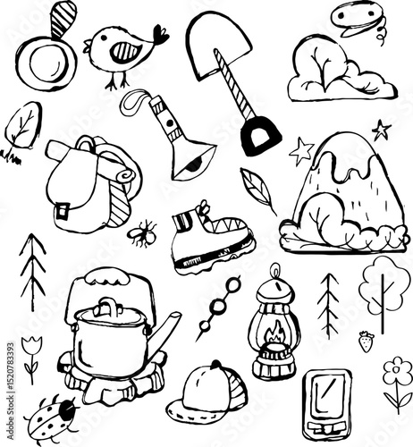 set of different objects and accessories for camping