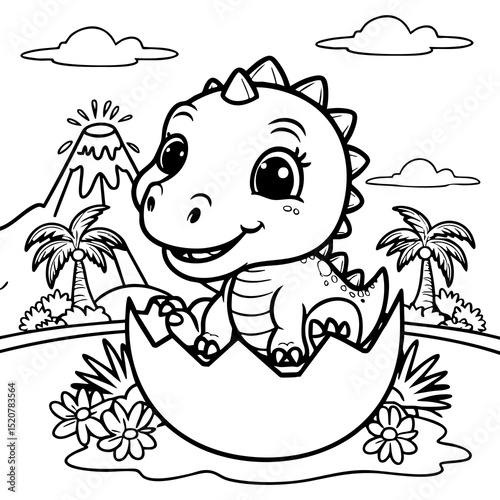 Smiling Baby Dinosaur Hatching from Egg in Volcano Island