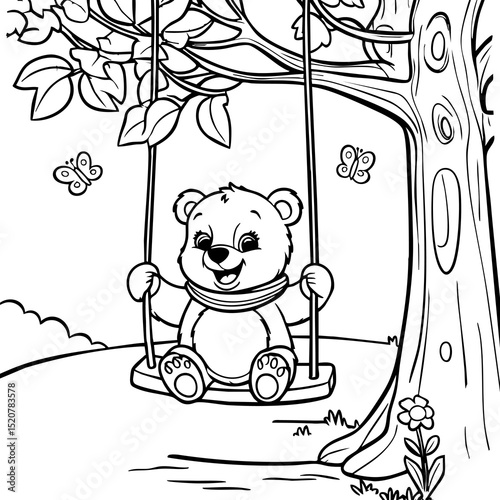 Bear Enjoying a Swing Under a Tree with Butterflies