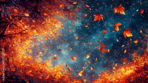 Vibrant autumn leaves swirling against a cosmic backdrop, capturing the essence of seasonal change and wonder in a stunning visual display.