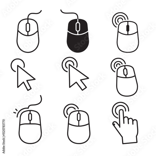 Set of computer mouse and cursor icons in silhouette style