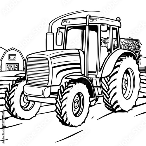 Large Farm Tractor Driving on a Rural Country Road near Barn