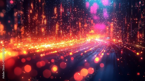 Vibrant abstract light trails and bokeh effects create a dynamic digital landscape, perfect for technology and creative projects.