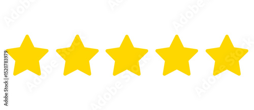 Five star rating. Five star customer product review icon. Golden yellow five star flat icon for apps and websites. Standard color. Perfect for design, online store, app or review platform.