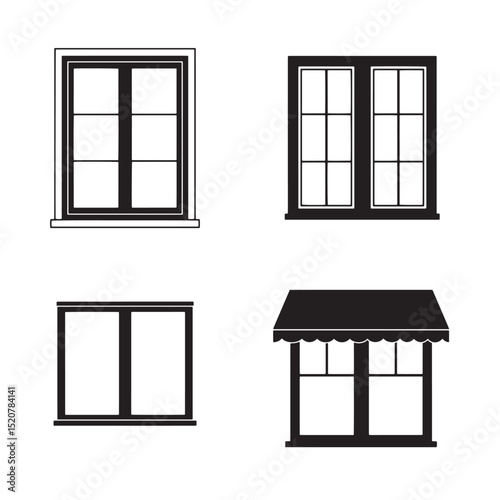 Vector illustration of diverse window designs and shapes in black silhouette form