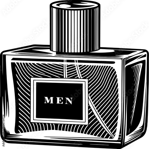 Mens cologne bottle black and white illustration