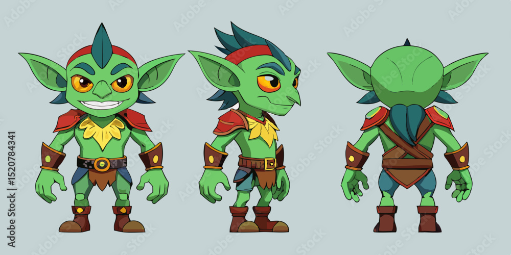Obraz premium Professional cartoon goblin character sprite sheet three views