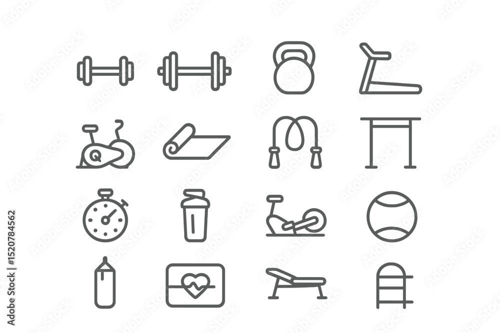 Fitness equipment and exercise tools for a complete workout routine displayed in a grid layout Fitness equipment and exercise tools for a complete workout routine displayed in a grid layout