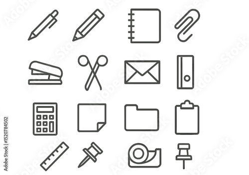 Essential office supplies and stationery items arranged in a grid on a light background showcasing organization and productivity