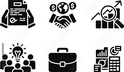 Business and Finance Icon Set – Contract, Growth, Strategy, and Management Vector.