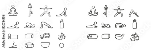 Yoga practice symbols depicting various poses and meditation techniques in a minimalist style