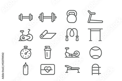 Fitness equipment and exercise tools for a complete workout routine displayed in a grid layout