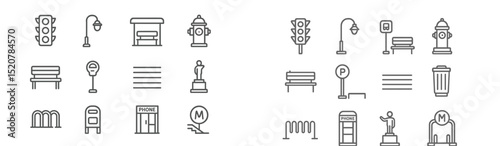 Urban elements including traffic lights, benches, and street lamps in a city setting during the day