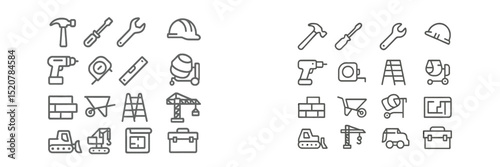 Construction tools and equipment icons arranged in two sections for design or informational use