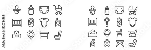 Collection of baby care icons featuring essentials for parenting, such as toys, clothing, and feeding items, arranged in a clear layout