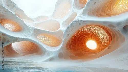 Abstract orange and white organic formations illuminated by soft light, creating a serene and captivating underwater atmosphere.