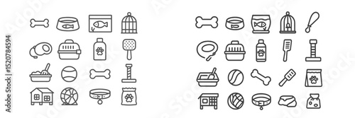 Collection of pet care icons representing various animal products and tools for pet owners