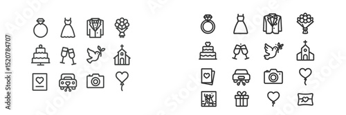 Various wedding elements and accessories arranged in a creative layout showing rings, dresses, and decorations