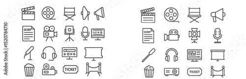Icons representing various elements of filmmaking, production, and audiovisual media in simple line art style for creative projects