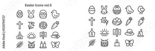 Collection of Easter-themed icons featuring bunnies, eggs, and festive symbols suitable for various creative projects