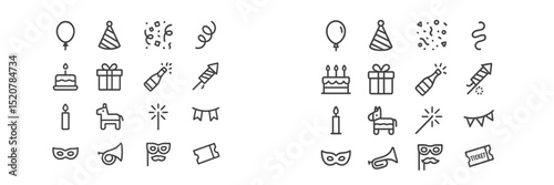 Celebration symbols including balloons, party hats, and cakes for festive events and gatherings