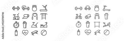 Fitness icons representing various workout equipment and activities, suitable for gym enthusiasts and health-conscious individuals