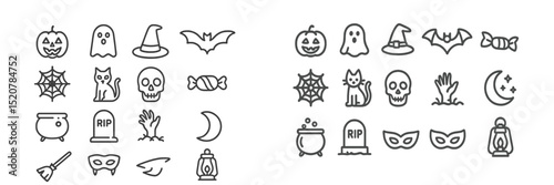 Halloween themed icons featuring ghosts, pumpkins, bats, and more in a fun, festive arrangement