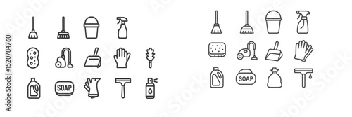 Cleaning tools and supplies arranged in a neat grid, showcasing various items for effective housekeeping and maintenance tasks