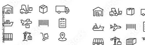 Logistics and transportation icons illustrating various supply chain activities and shipping processes