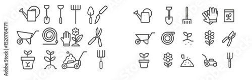 Gardening tools and icons for planting and landscaping in a creative layout