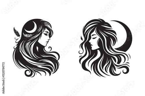 Woman Silhouette with Moon and Flowing Hair – Elegant Black Vector Art