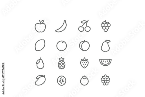 Fruit illustrations featuring a variety of colors and shapes arranged in a grid pattern with clear lines and minimalistic design
