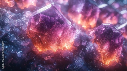 Vibrant purple and orange crystals glimmering in a mystical landscape, showcasing natural beauty and allure for artistic and commercial use.