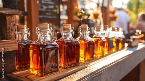 Glass Bottles of Amber Liquid Displayed on Wooden Table Outdoors