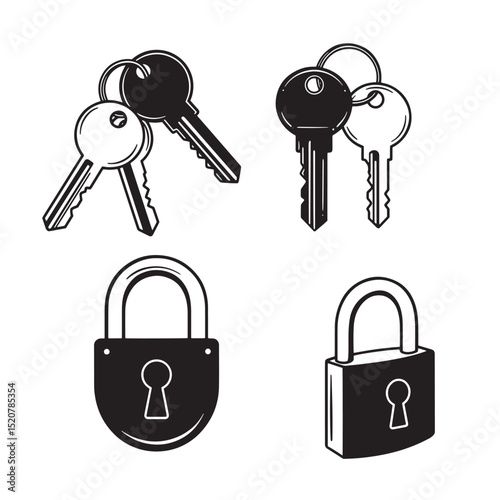 Black and white illustration of keys and padlocks security and protection concepts