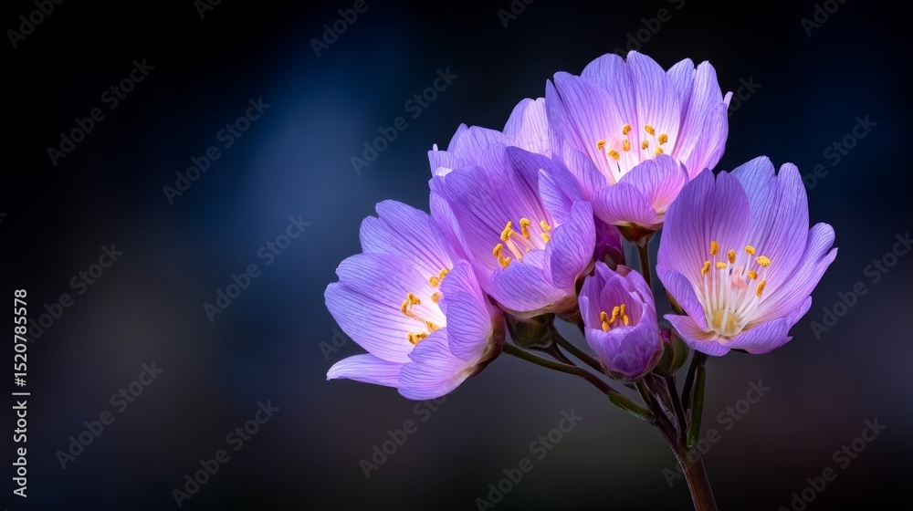 Fototapeta premium Delicate Purple Blossoms Glowing Under Soft Light Against Dark Background