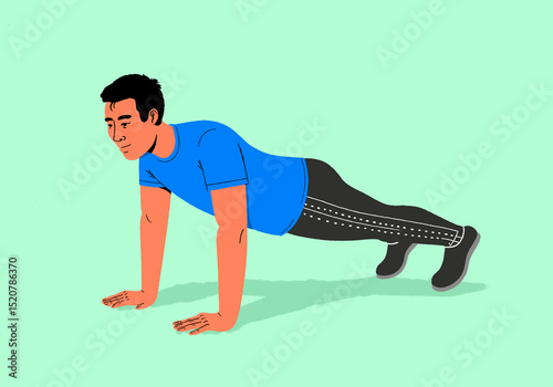 Illustration of a person doing a push-up in a blue shirt and black pants