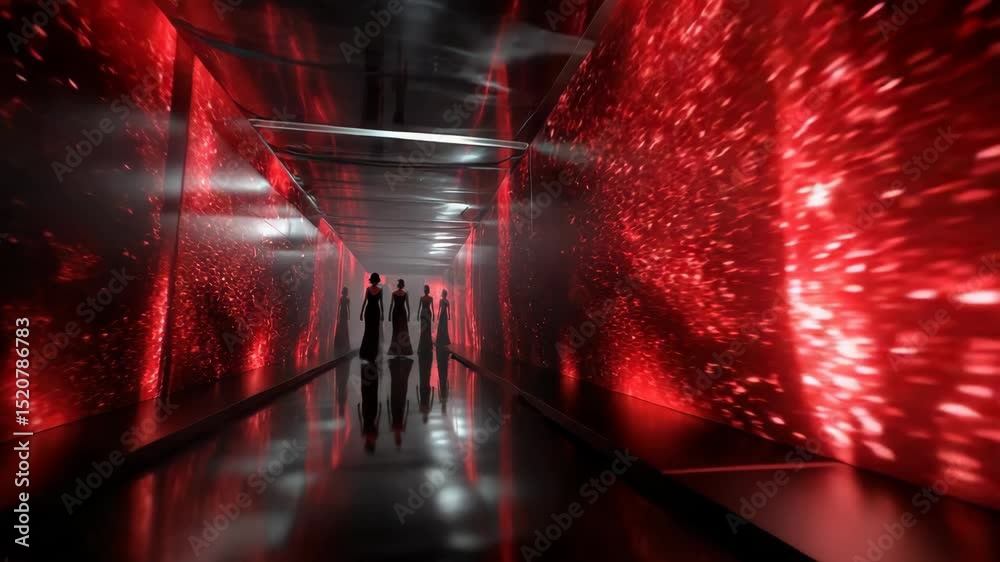 Digital Data Hallway With Red Particle Storm