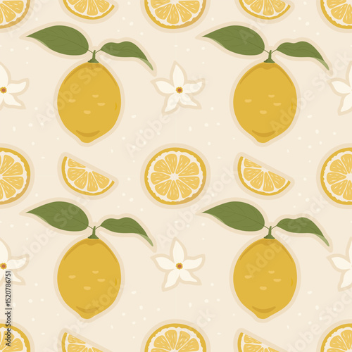 Seamless pattern with lemons, lemon slices, green leaves and flowers. Citrus background. Handmade textured summer fruit design. Ideal for textiles, packaging, wallpaper and wrapping paper.