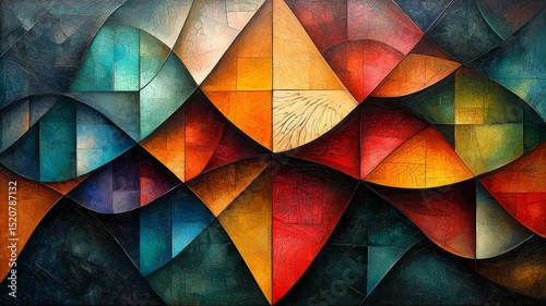 Vibrant abstract geometric art featuring dynamic shapes and rich colors, perfect for modern decor and creative inspiration in commercial spaces.
