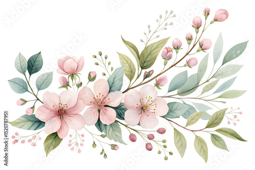 soft pink watercolor flower branch - delicate floral elements isolated on transparent background